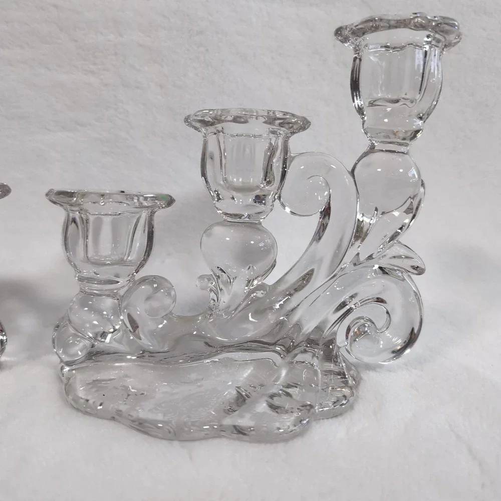 Vintage Cambridge Rose‎ Point Glass Candelabra Pair 3 Tier Etched Candlesticks